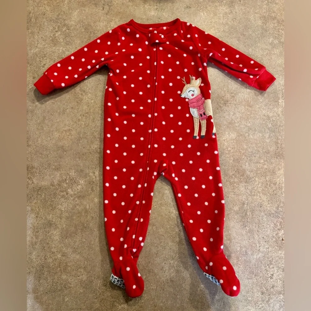 Carter's -Red Polka Dot Fleece Holiday Footie with Reindeer, Size 12M